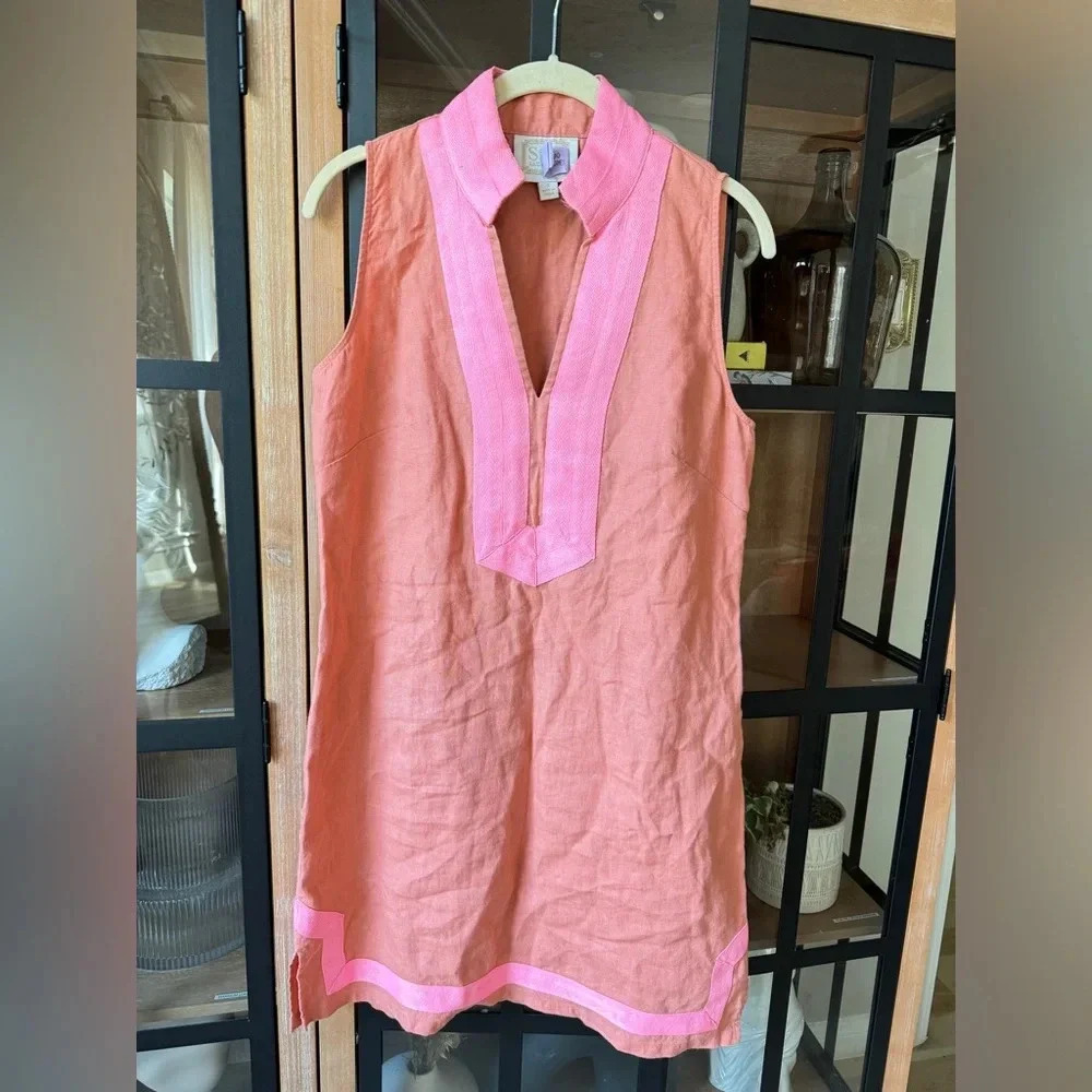 Sail To Sable Classic linen dress coral sleeveless shift tunic neon mini resort - Picture 1 of 8